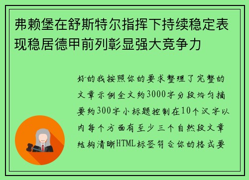 弗赖堡在舒斯特尔指挥下持续稳定表现稳居德甲前列彰显强大竞争力